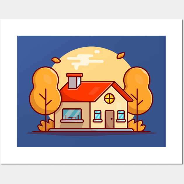 Autumn House with Trees Cartoon Vector Icon Illustration Wall Art by Catalyst Labs